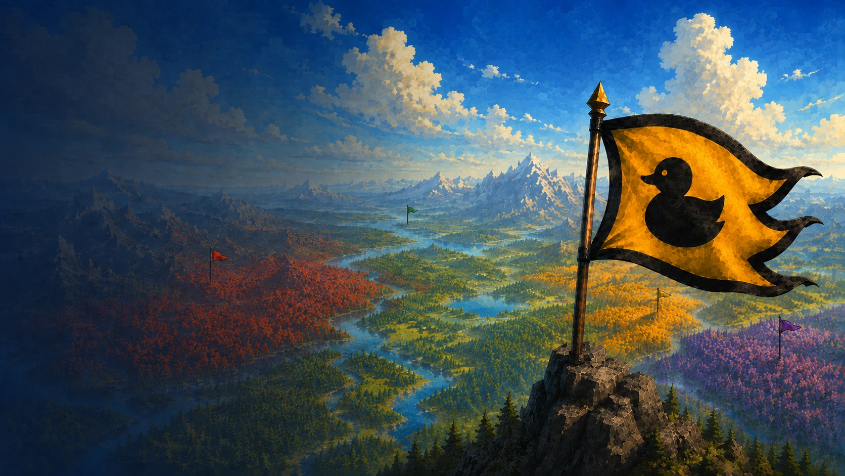Ash Atlas key art: a hooded explorer planting a flag over a vast map of kingdoms